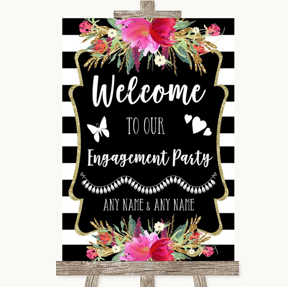 Black & White Stripes Pink Welcome To Our Engagement Party Wedding Sign