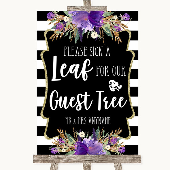 Black & White Stripes Purple Guest Tree Leaf Customised Wedding Sign