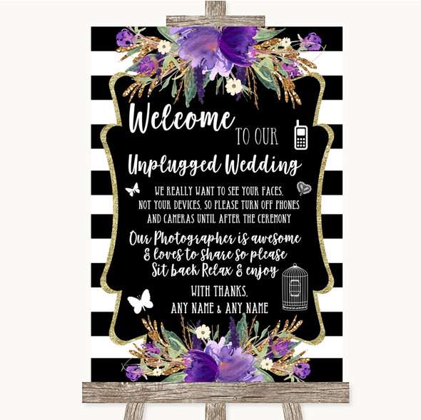 Black & White Stripes Purple No Phone Camera Unplugged Customised Wedding Sign