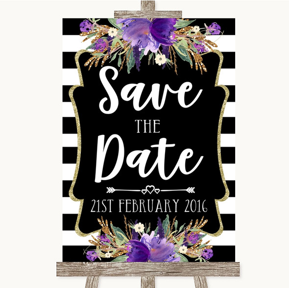 Black & White Stripes Purple Save The Date Customised Wedding Sign