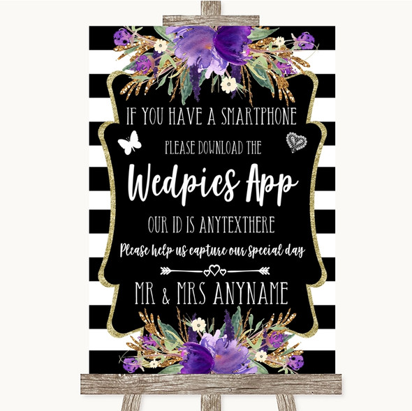 Black & White Stripes Purple Wedpics App Photos Customised Wedding Sign