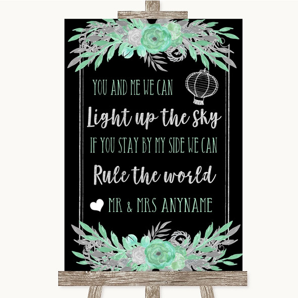 Black Mint Green & Silver Light Up The Sky Rule The World Wedding Sign