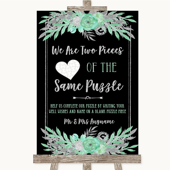 Black Mint Green & Silver Puzzle Piece Guest Book Customised Wedding Sign