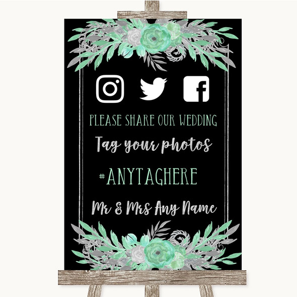 Black Mint Green & Silver Social Media Hashtag Photos Customised Wedding Sign