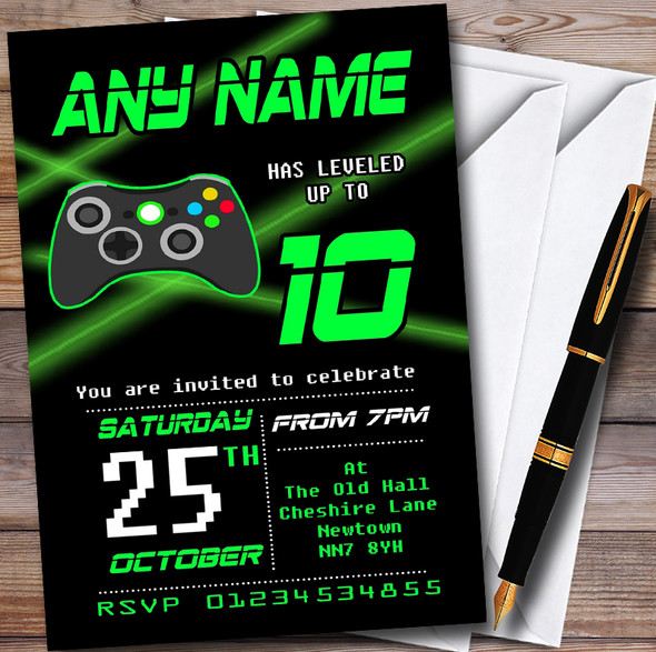 Green & Black Laser Gaming Customised Children's Birthday Party Invitations