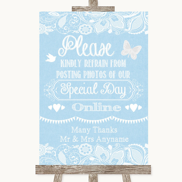 Blue Burlap & Lace Don't Post Photos Online Social Media Wedding Sign