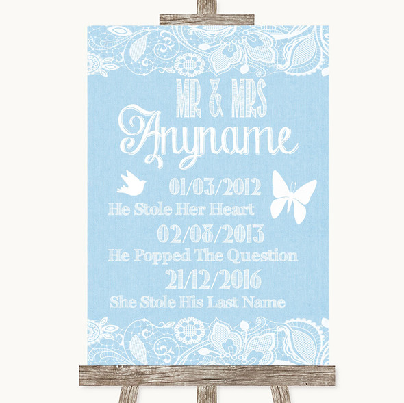 Blue Burlap & Lace Important Special Dates Customised Wedding Sign