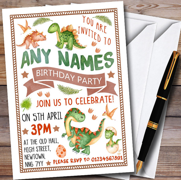 Cute Dinosaur Watercolour Customised Children's Birthday Party Invitations