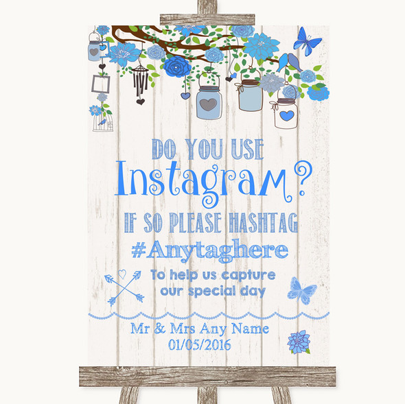 Blue Rustic Wood Instagram Photo Sharing Customised Wedding Sign