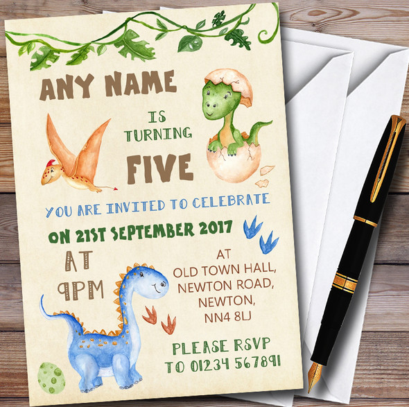 Watercolour Cute Dinosaur Customised Children's Birthday Party Invitations