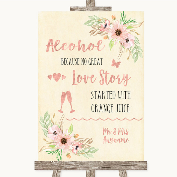 Blush Peach Floral Alcohol Bar Love Story Customised Wedding Sign