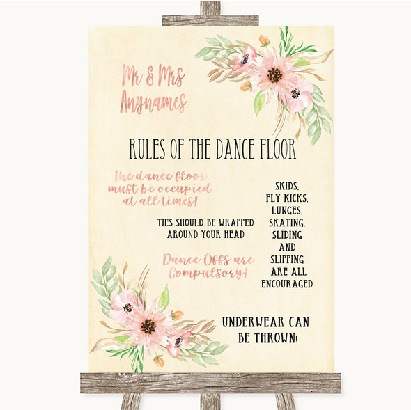 Blush Peach Floral Rules Of The Dance Floor Customised Wedding Sign