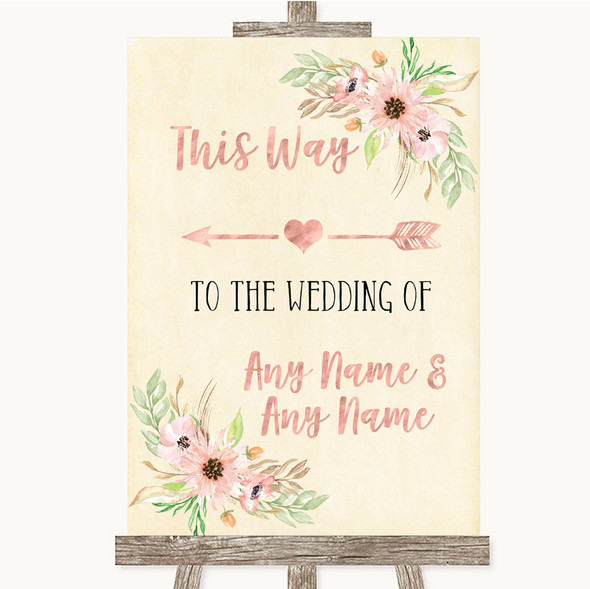 Blush Peach Floral This Way Arrow Left Customised Wedding Sign