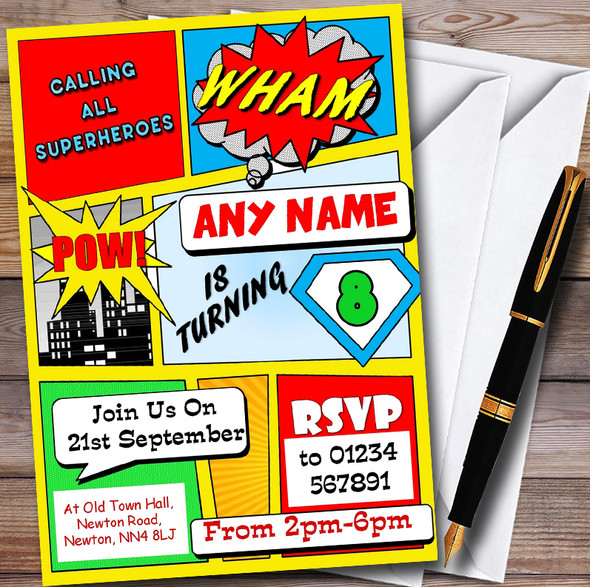 Yellow Superhero Comic Customised Children's Birthday Party Invitations