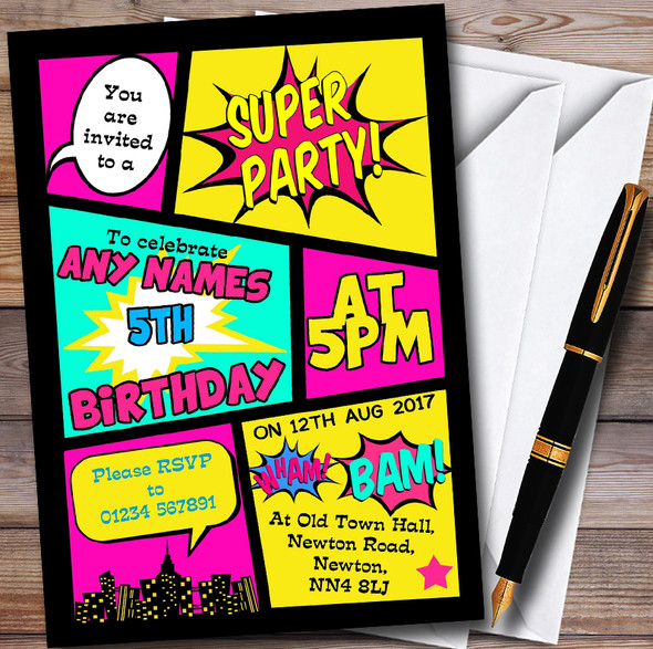 Girls Superhero Comic Customised Children's Birthday Party Invitations