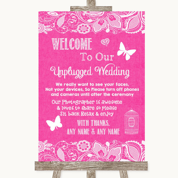 Bright Pink Burlap & Lace No Phone Camera Unplugged Customised Wedding Sign