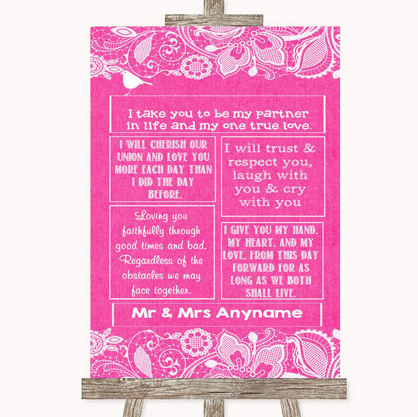 Bright Pink Burlap & Lace Romantic Vows Customised Wedding Sign