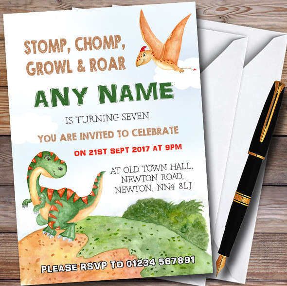 Watercolour Dinosaur Customised Children's Birthday Party Invitations