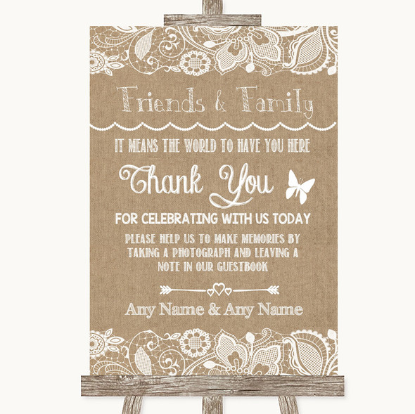 Burlap & Lace Photo Guestbook Friends & Family Customised Wedding Sign