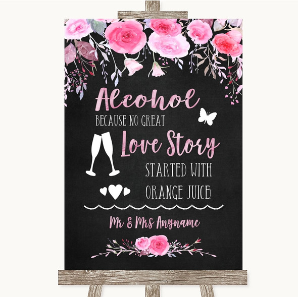 Chalk Style Watercolour Pink Floral Alcohol Bar Love Story Wedding Sign