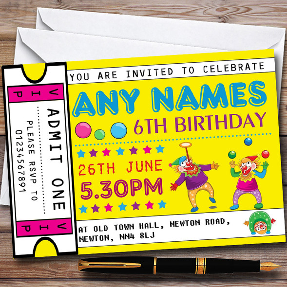 Clown Ticket Customised Children's Birthday Party Invitations