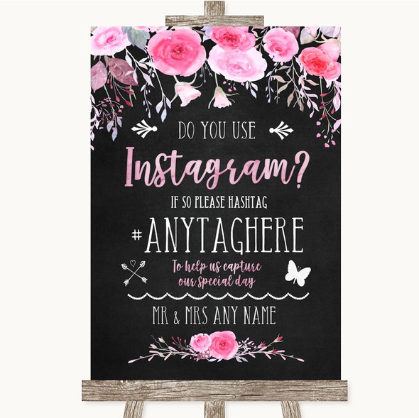 Chalk Style Watercolour Pink Floral Instagram Photo Sharing Wedding Sign