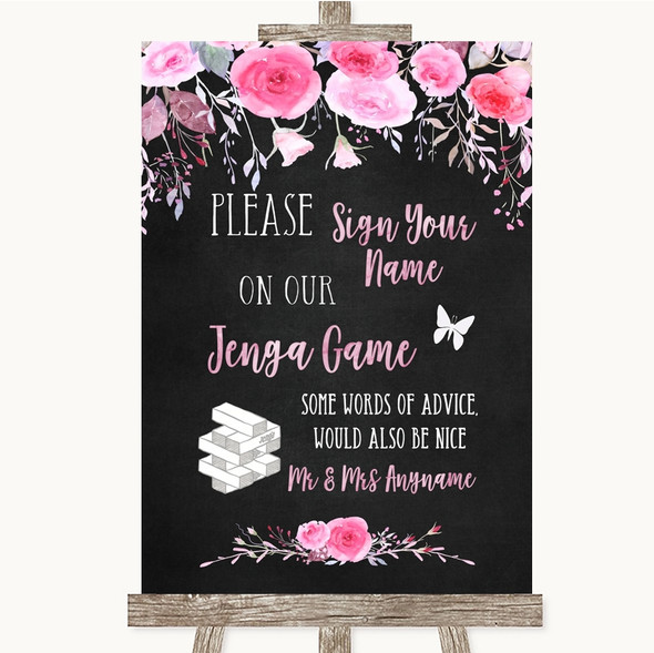 Chalk Style Watercolour Pink Floral Jenga Guest Book Customised Wedding Sign