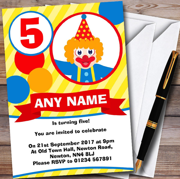 Yellow Clown Customised Children's Birthday Party Invitations