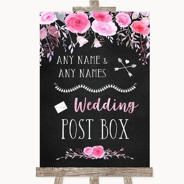 Chalk Style Watercolour Pink Floral Card Post Box Customised Wedding Sign