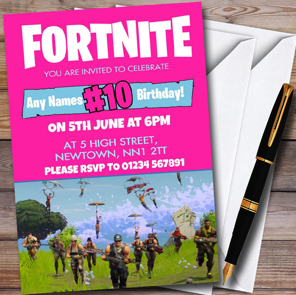 Fortnite Parachute Pinki Girls Customised Birthday Party Invitations