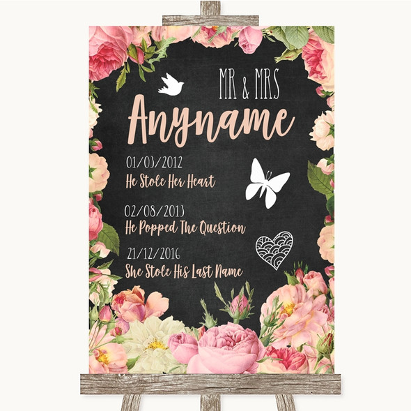 Chalkboard Style Pink Roses Important Special Dates Customised Wedding Sign