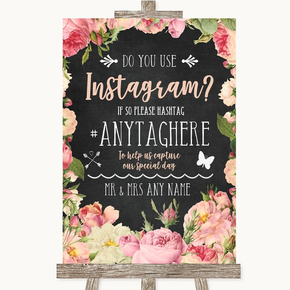 Chalkboard Style Pink Roses Instagram Photo Sharing Customised Wedding Sign