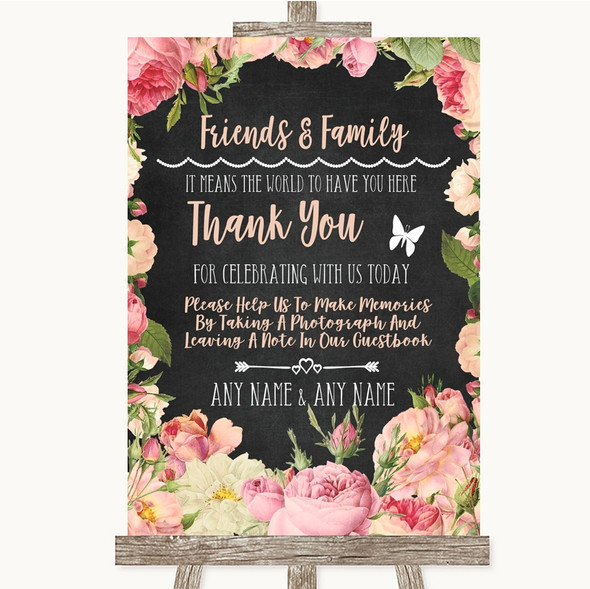 Chalkboard Style Pink Roses Photo Guestbook Friends & Family Wedding Sign
