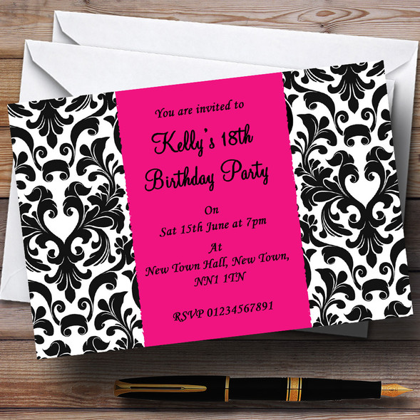 Black, White & Pink Damask Customised Party Invitations