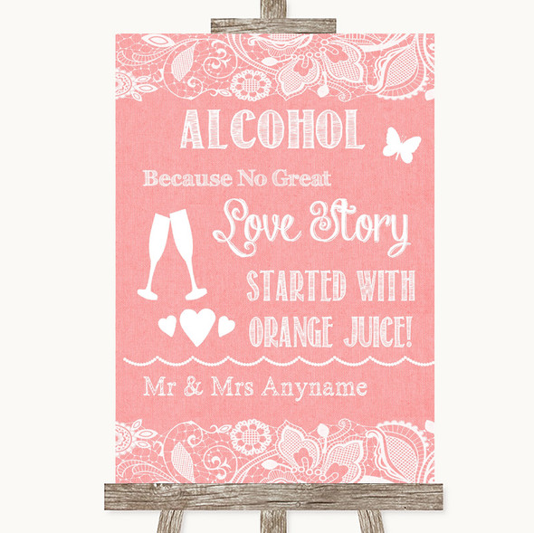 Coral Burlap & Lace Alcohol Bar Love Story Customised Wedding Sign