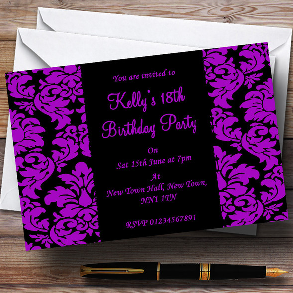 Floral Black & Purple Damask Customised Party Invitations