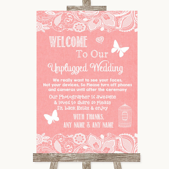 Coral Burlap & Lace No Phone Camera Unplugged Customised Wedding Sign