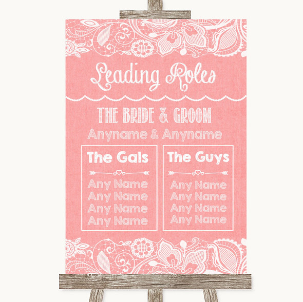 Coral Burlap & Lace Who's Who Leading Roles Customised Wedding Sign