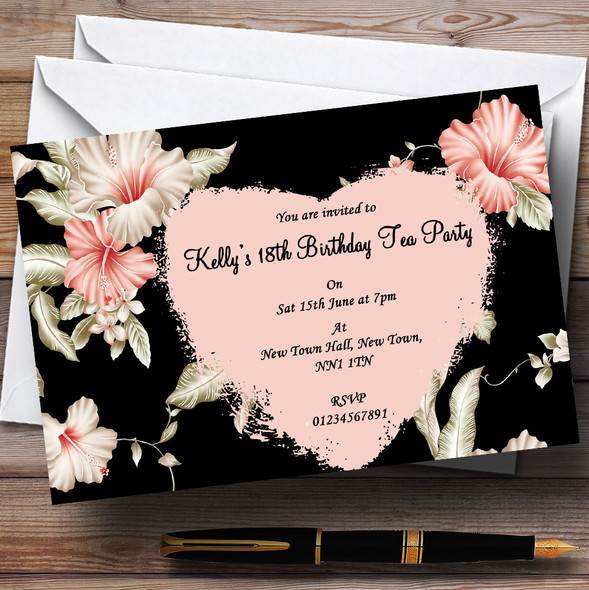 Vintage Black, Coral & Pink Stunning Garden Tea Customised Party Invitations