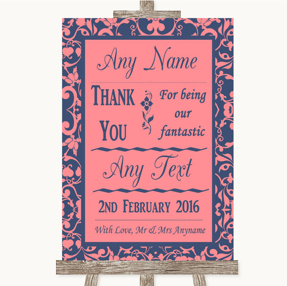 Coral Pink & Blue Thank You Bridesmaid Page Boy Best Man Wedding Sign