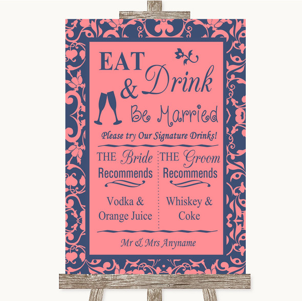 Coral Pink & Blue Signature Favourite Drinks Customised Wedding Sign