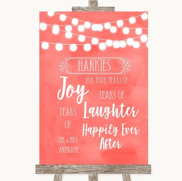 Coral Watercolour Lights Hankies And Tissues Customised Wedding Sign