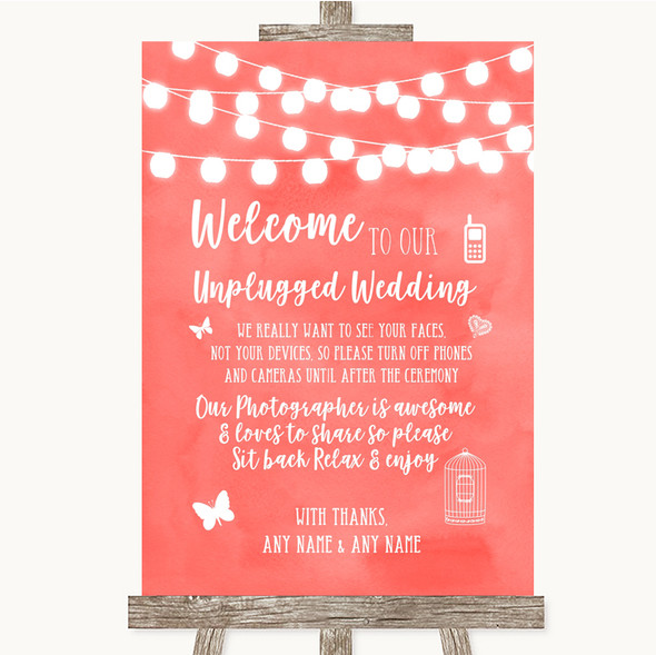 Coral Watercolour Lights No Phone Camera Unplugged Customised Wedding Sign