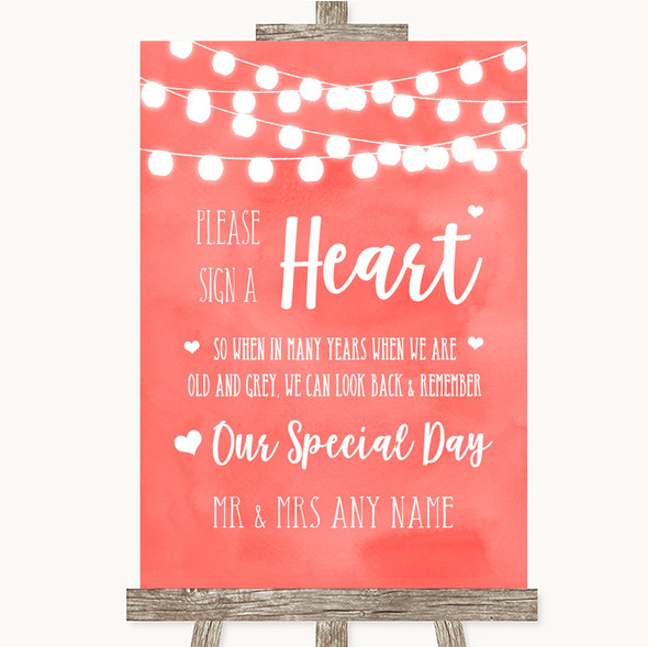 Coral Watercolour Lights Sign a Heart Customised Wedding Sign