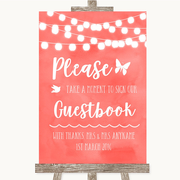 Coral Watercolour Lights Take A Moment To Sign Our Guest Book Wedding Sign