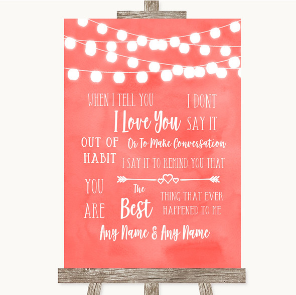 Coral Watercolour Lights When I Tell You I Love You Customised Wedding Sign