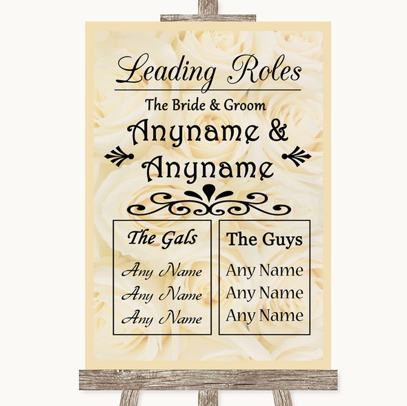 Cream Roses Who's Who Leading Roles Customised Wedding Sign