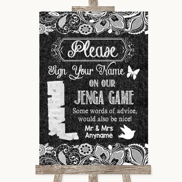 Dark Grey Burlap & Lace Jenga Guest Book Customised Wedding Sign