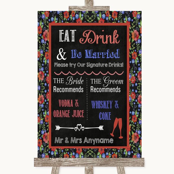 Floral Chalk Signature Favourite Drinks Customised Wedding Sign