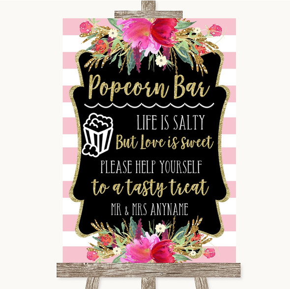 Gold & Pink Stripes Popcorn Bar Customised Wedding Sign